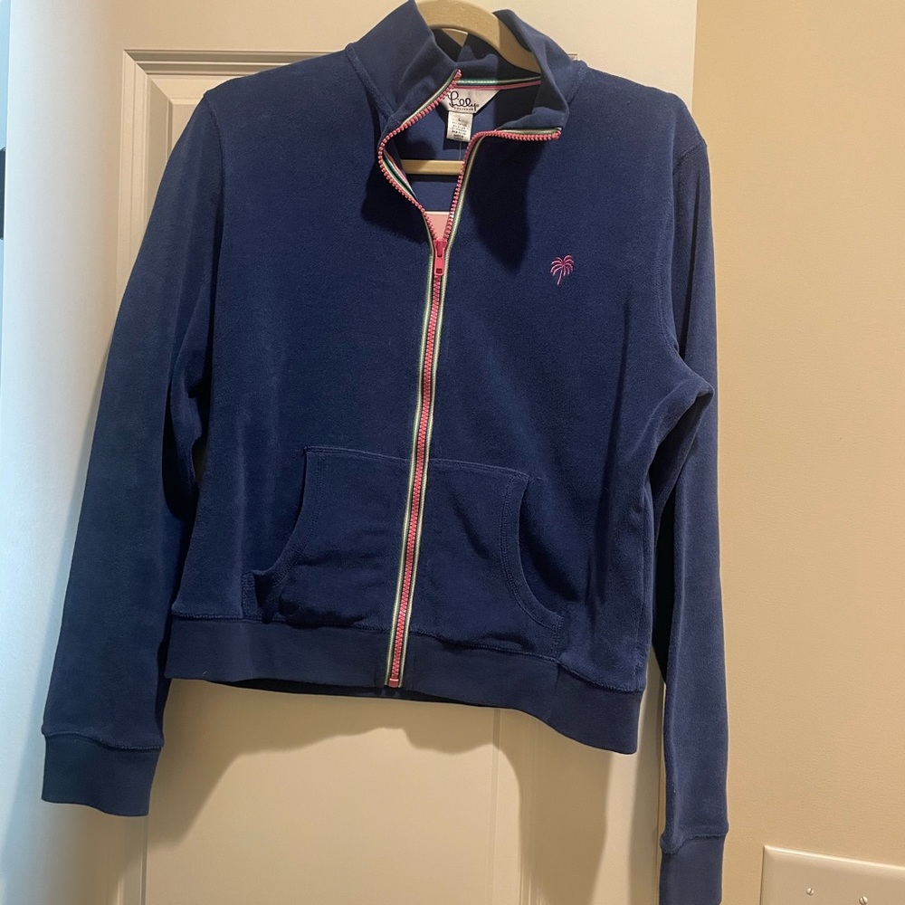 NWT Lilly Pulitzer Blue Terry Zip-Up Size Large Jacket with Pink Palm Logo